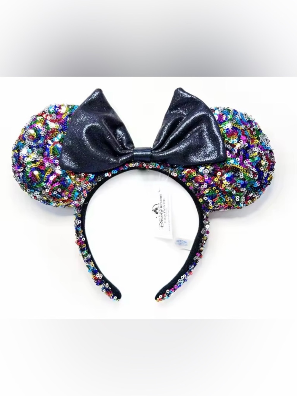 Rainbow Sequin Minnie Style Ears Headband with Black Bow
